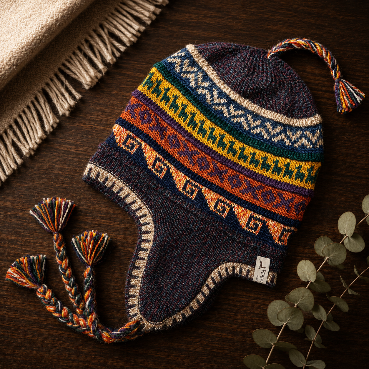 Reversible Alpaca Chullo Beanie (ROUND EAR). Size L.