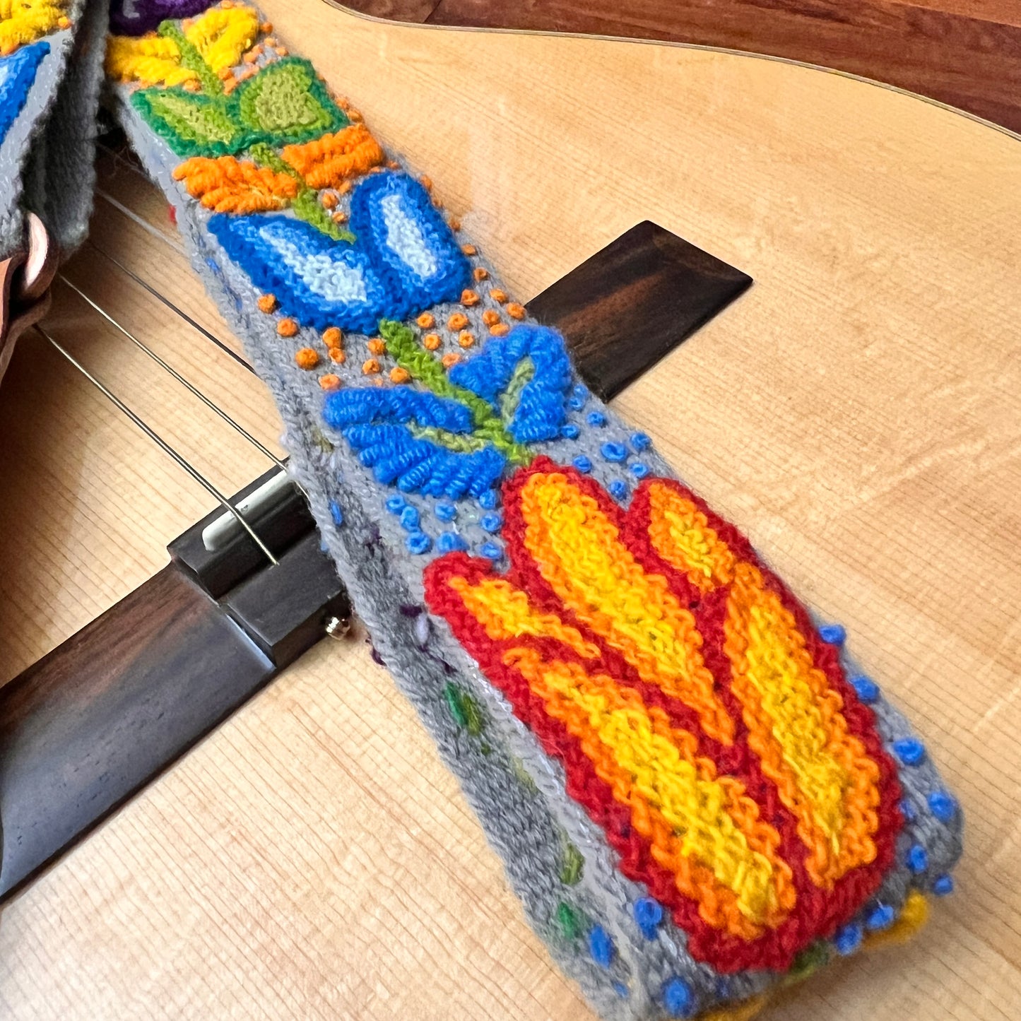 Handmade Peruvian Guitar Strap – Hand Embroidered, Adjustable, Brown Leather Ends, Unique Gift for Guitar Players