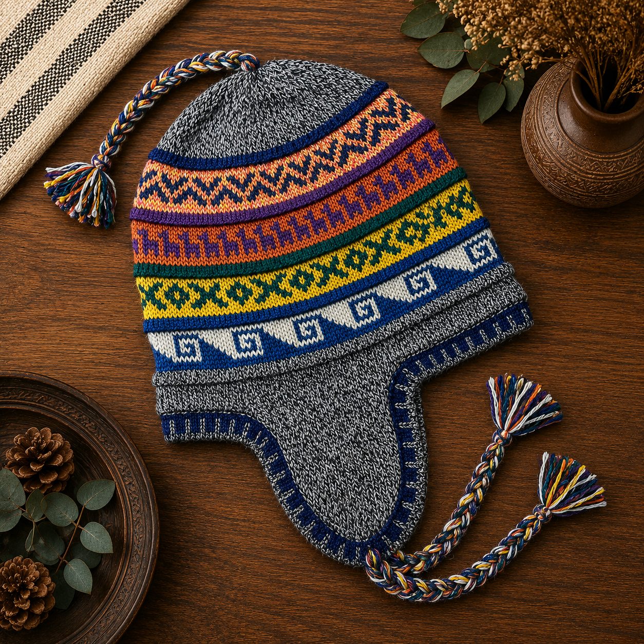 Reversible Alpaca Chullo Beanie (ROUND EAR). Size L.