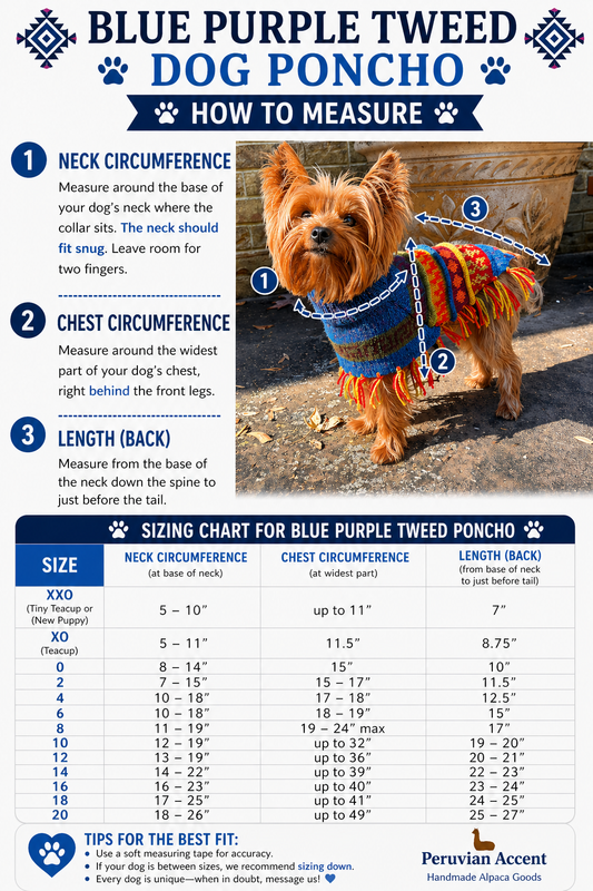 Handmade BLUE PURPLE TWEED Alpaca Dog Poncho SIZE XX0-20