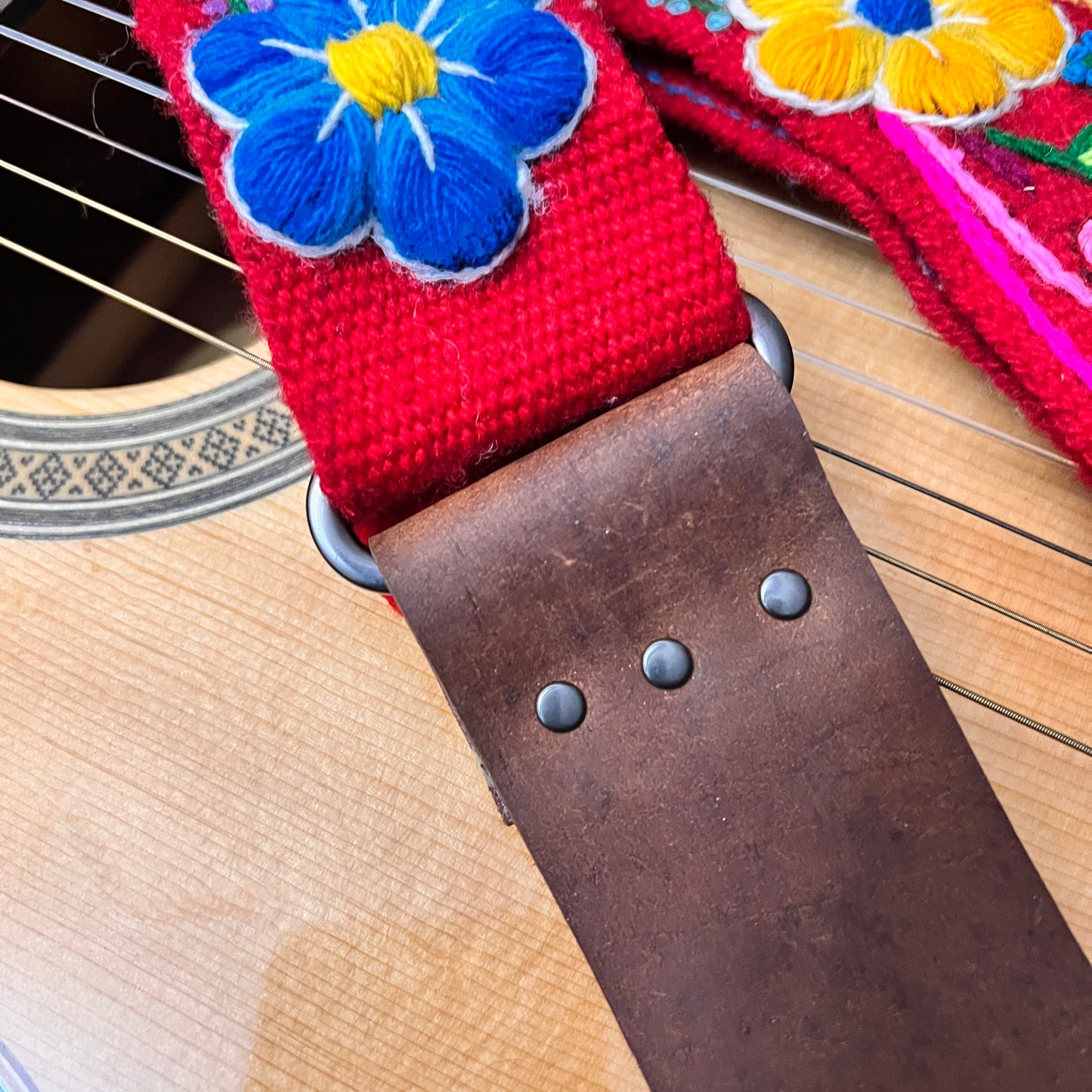 Handmade Peruvian Guitar Strap – Hand Embroidered, Adjustable, Brown Leather Ends, Unique Gift for Guitar Players
