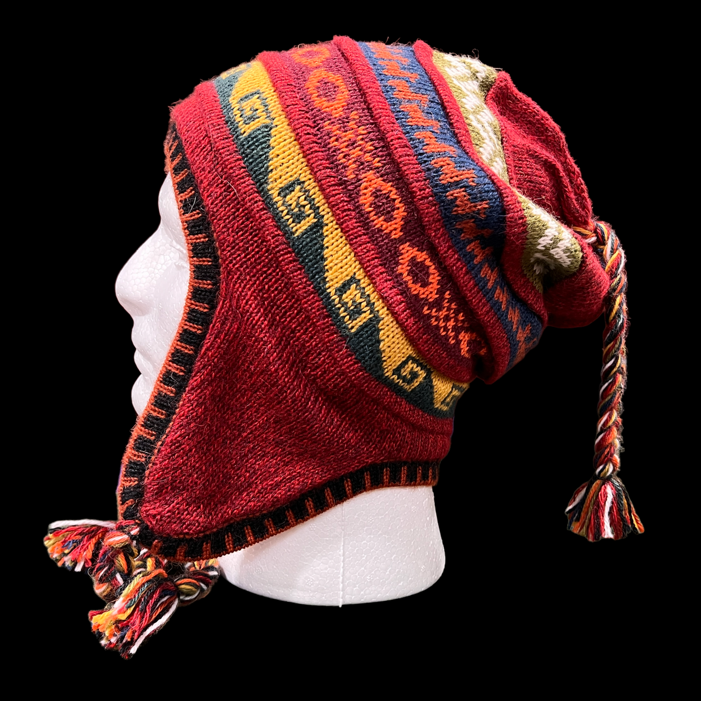 Inca Red Reversible Alpaca Chullo Beanie (ROUND EAR). Size L.