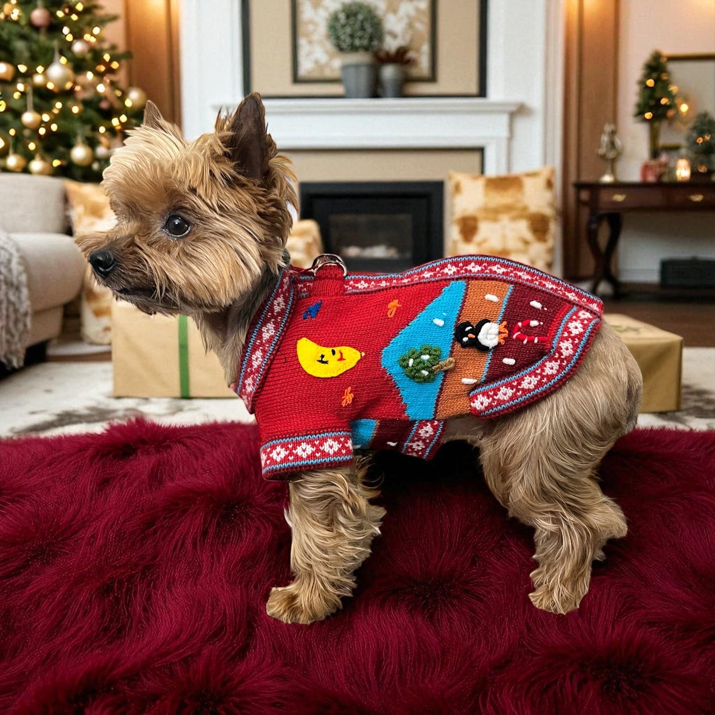 Peruvian Accent red alpaca dog sweater with Nazca-inspired holiday designs including a snowman, reindeer, and candy canes.