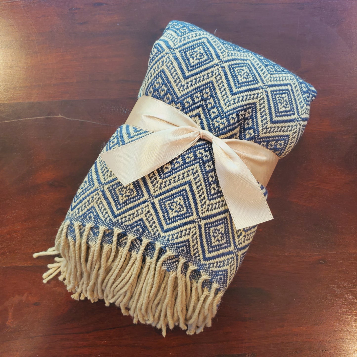 Beige and Steel Blue Alpaca Throw Blanket