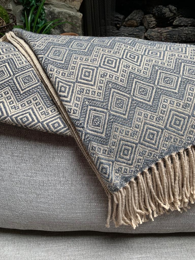 Beige and Steel Blue Alpaca Throw Blanket