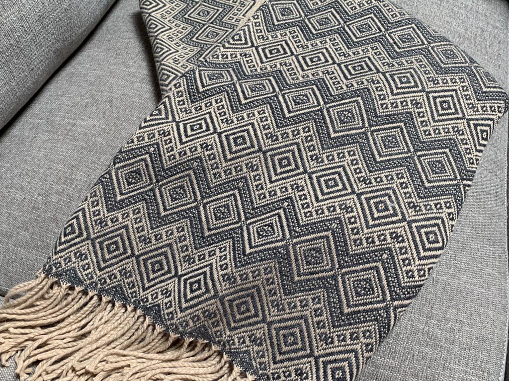 Beige and Steel Blue Alpaca Throw Blanket