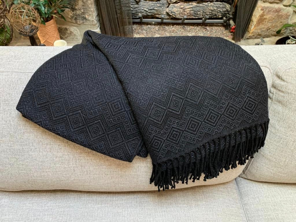 Handmade Black Alpaca throw blanket. Hypoallergenic.