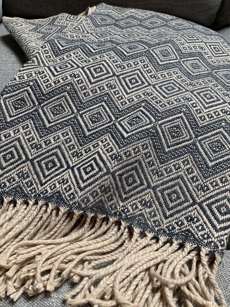 Beige and Steel Blue Alpaca Throw Blanket