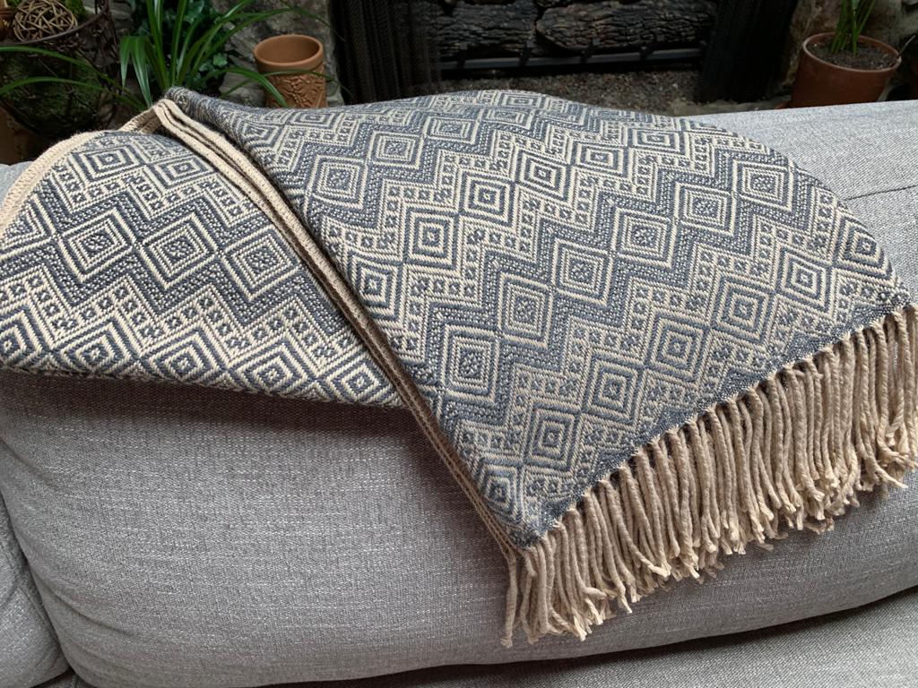Beige and Steel Blue Alpaca Throw Blanket