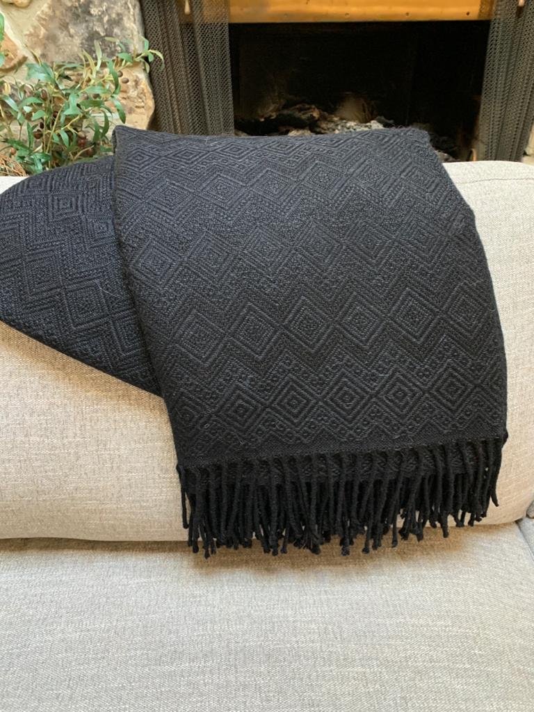 Handmade Black Alpaca throw blanket. Hypoallergenic.