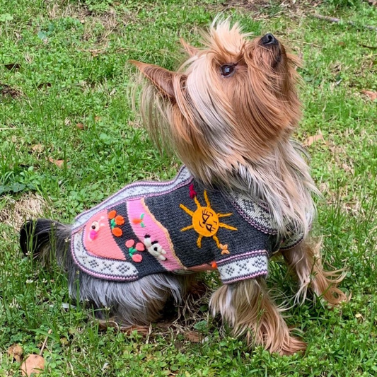 Gray and Pink handmade zip up the back Peruvian luxury dog sweater