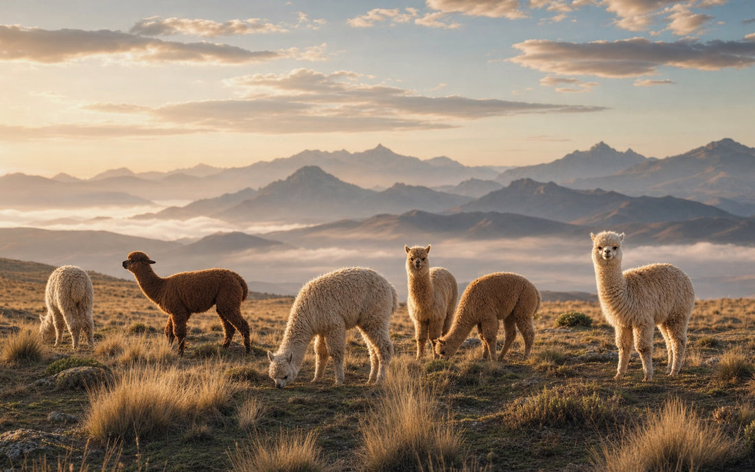 Baby alpacas grazing in the Peruvian Andes at sunrise