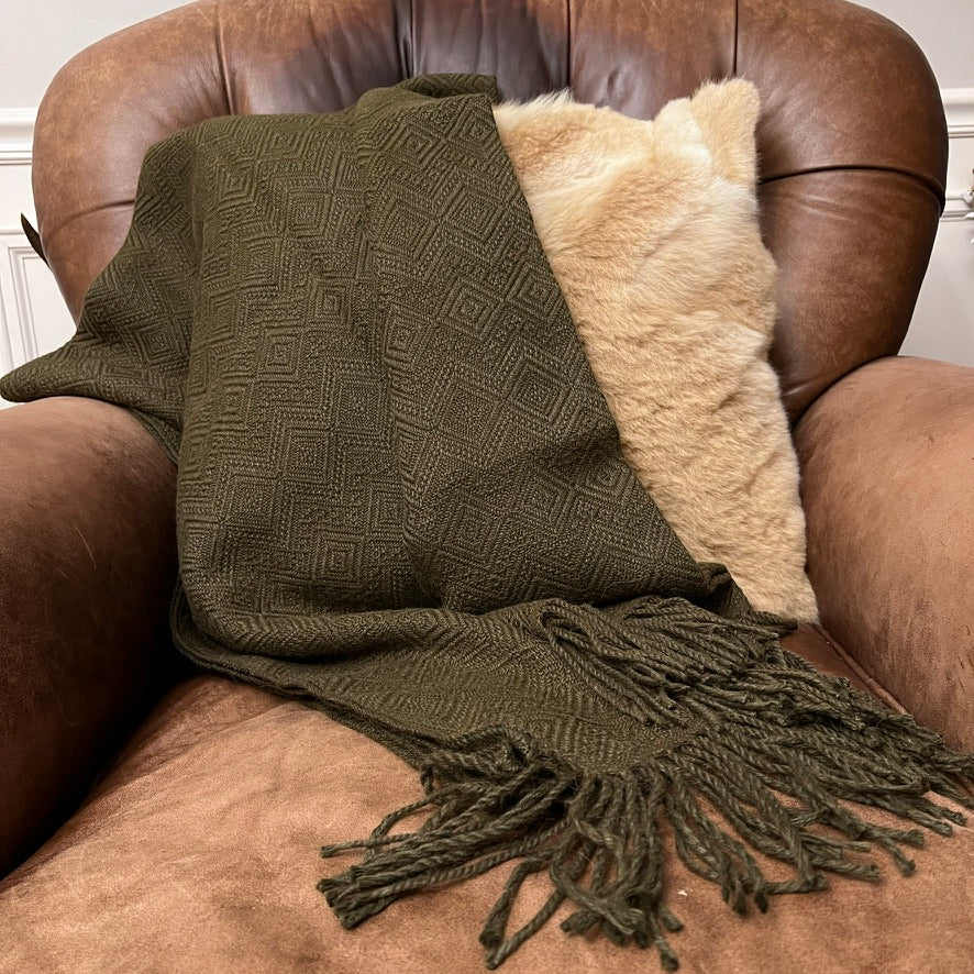 Hand-loomed Military Green Alpaca throw blanket