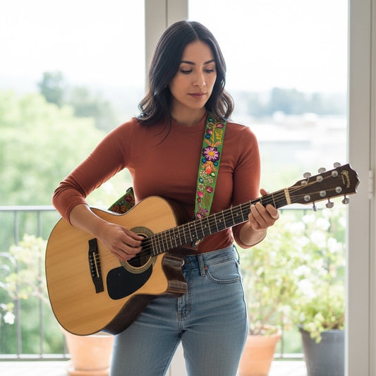 Handmade Peruvian Guitar Strap – Hand Embroidered, Adjustable, Brown Leather Ends, Unique Gift for Guitar Players