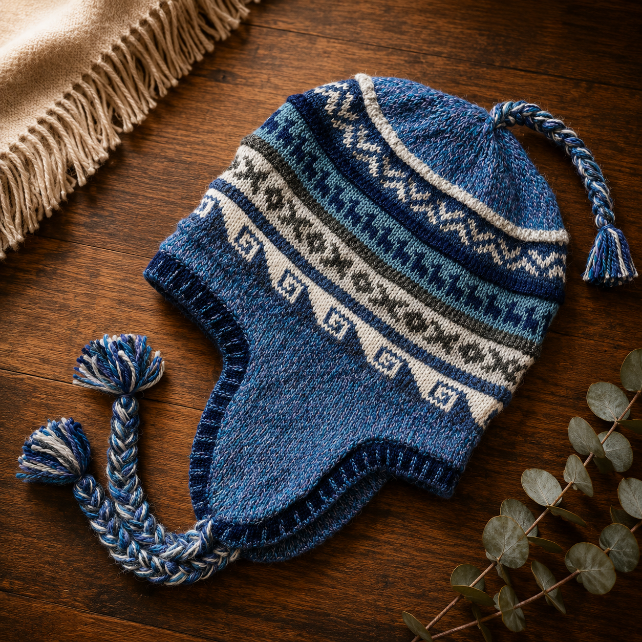 Reversible Alpaca Chullo Beanie (ROUND EAR). Size L.
