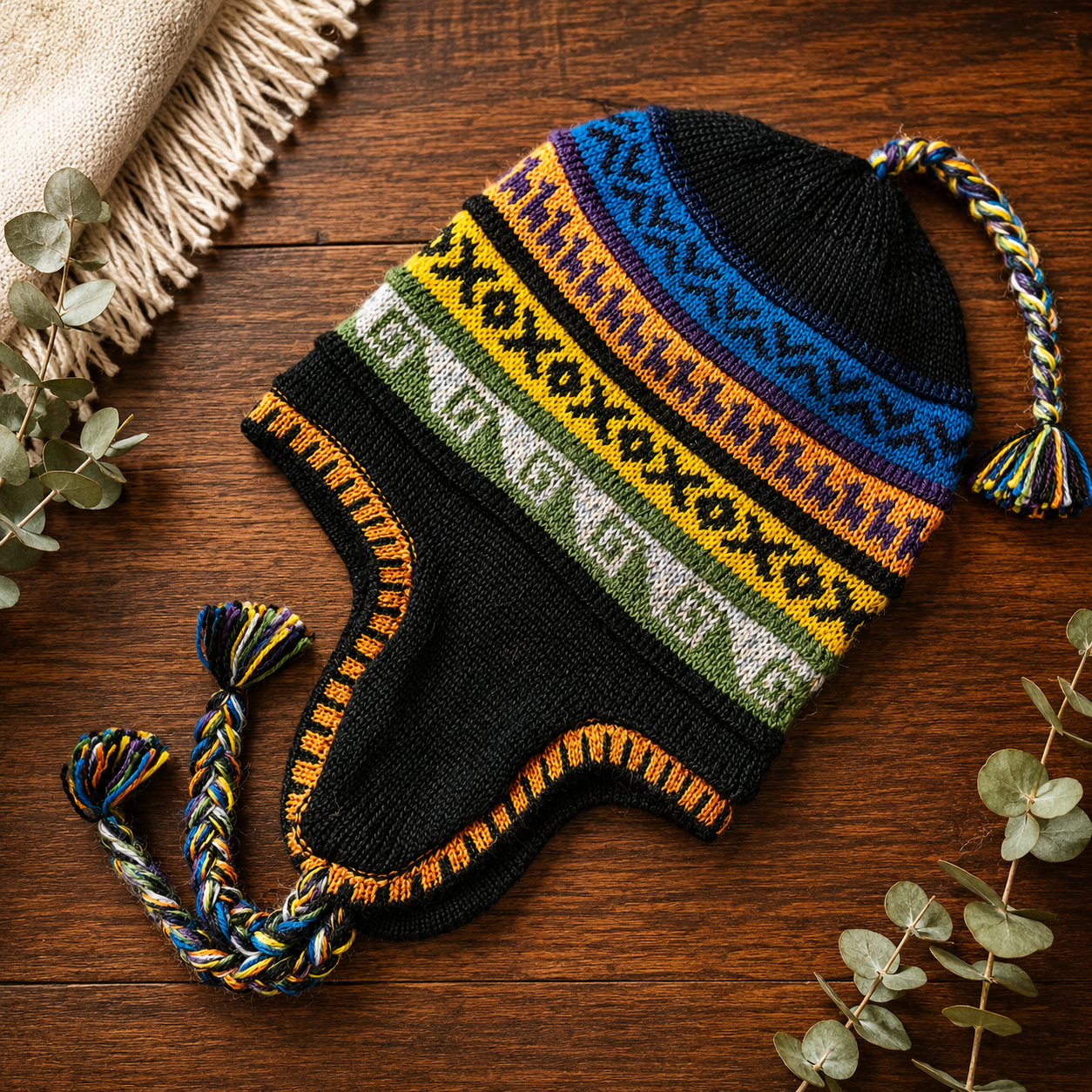 Reversible Alpaca Chullo Beanie (ROUND EAR). Size L.