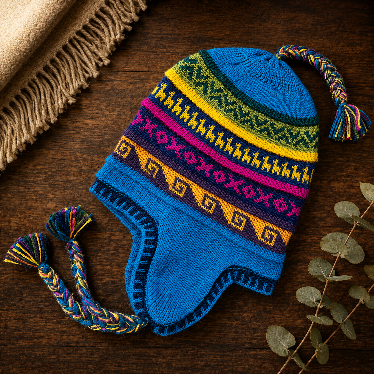 Reversible Alpaca Chullo Beanie (ROUND EAR). Size L.