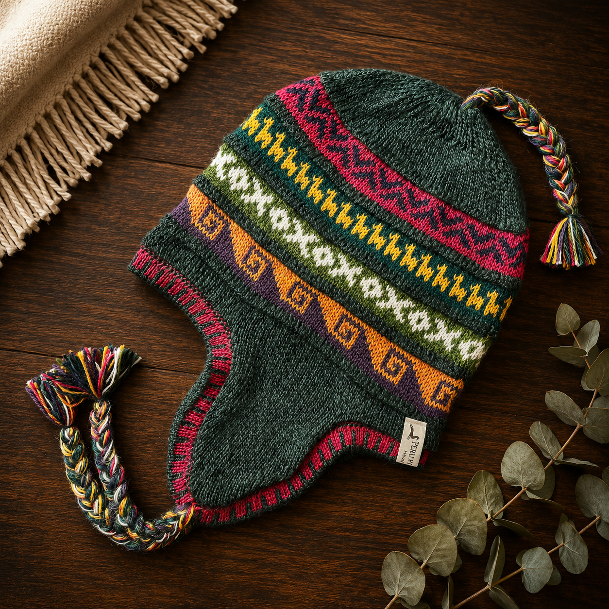 Reversible Alpaca Chullo Beanie (ROUND EAR). Size L.
