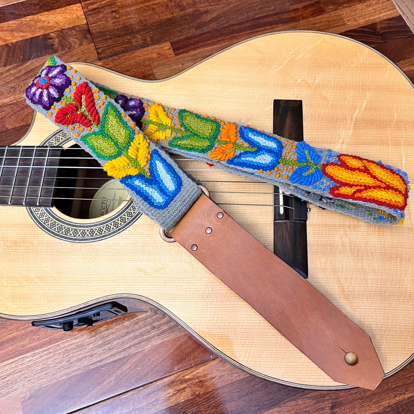 Handmade Peruvian Guitar Strap – Hand Embroidered, Adjustable, Brown Leather Ends, Unique Gift for Guitar Players