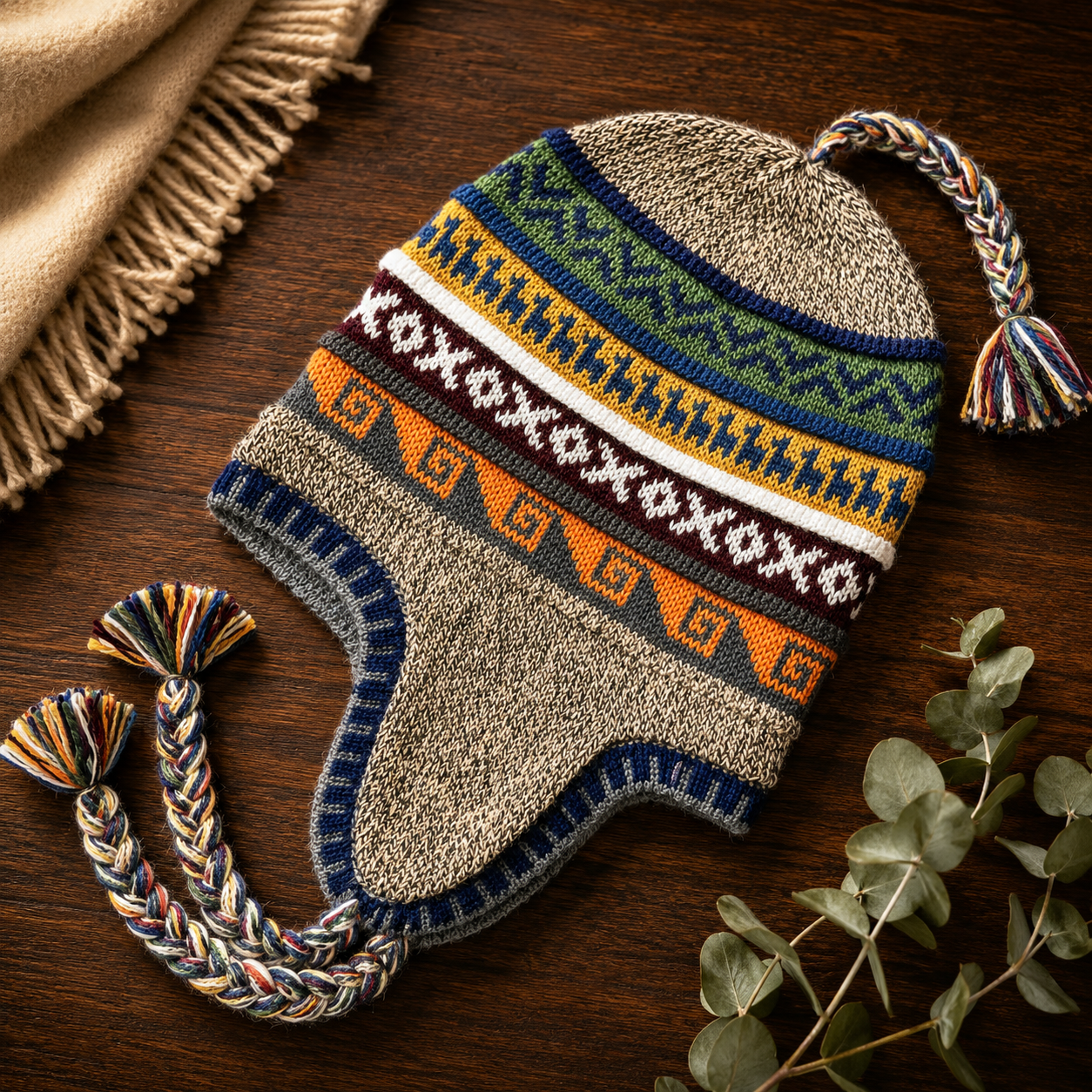 Reversible Alpaca Chullo Beanie (ROUND EAR). Size L.