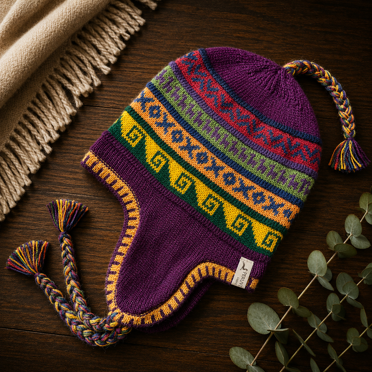 Reversible Alpaca Chullo Beanie (ROUND EAR). Size L.