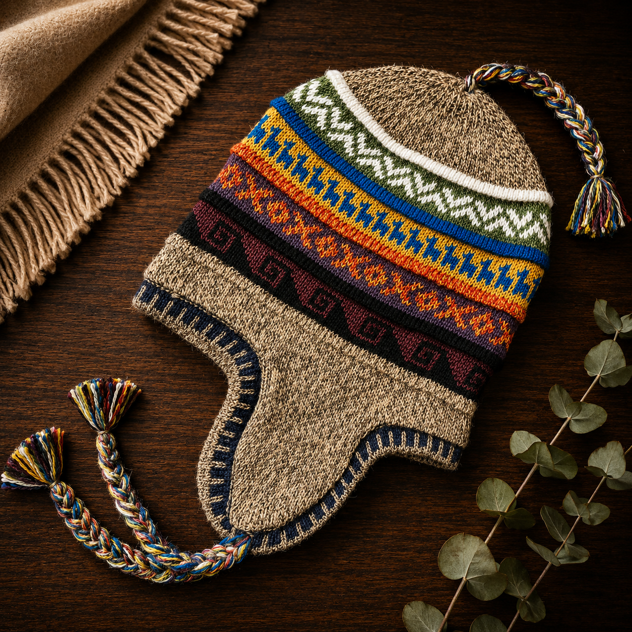Reversible Alpaca Chullo Beanie (ROUND EAR). Size L.