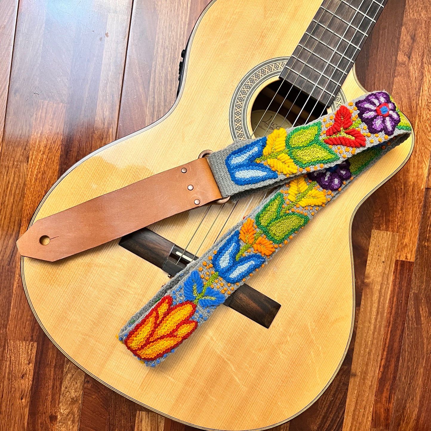 Handmade Peruvian Guitar Strap – Hand Embroidered, Adjustable, Brown Leather Ends, Unique Gift for Guitar Players