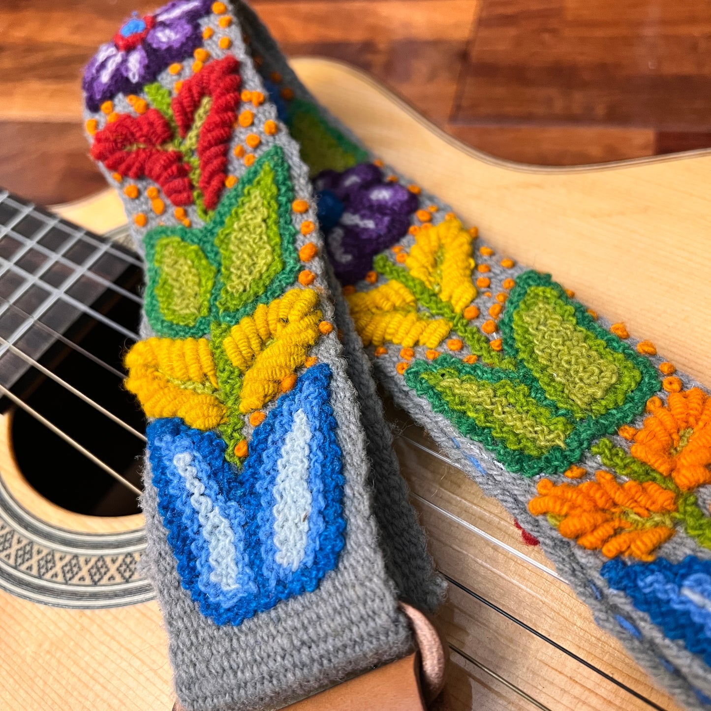 Handmade Peruvian Guitar Strap – Hand Embroidered, Adjustable, Brown Leather Ends, Unique Gift for Guitar Players