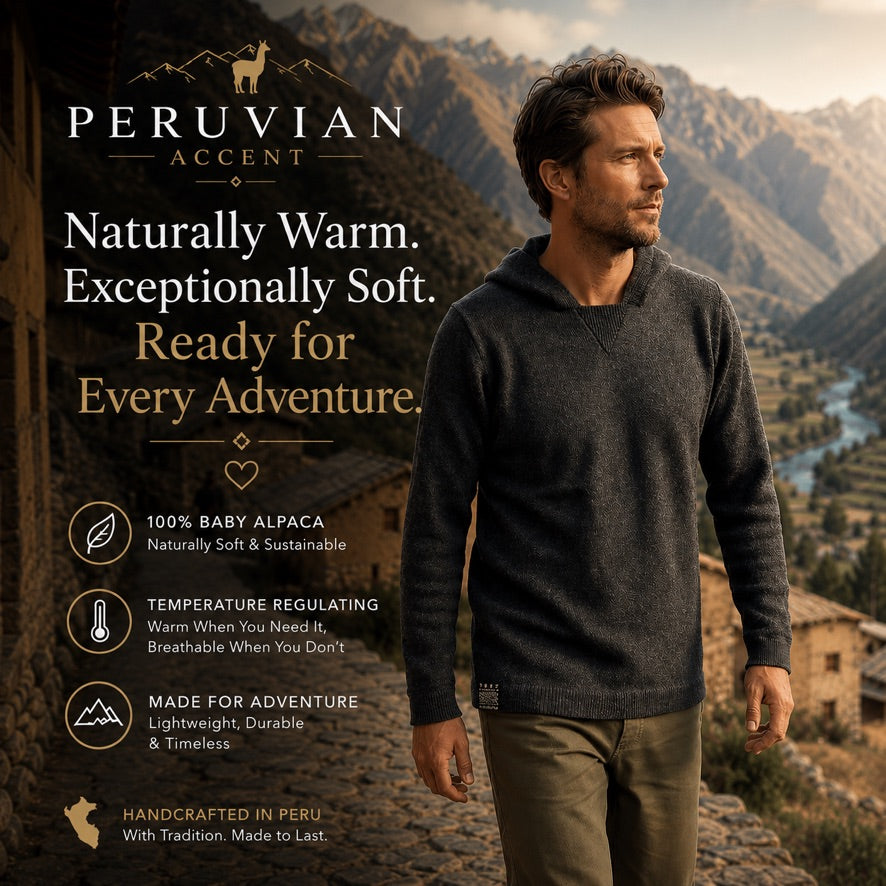 Luxury Baby Alpaca Hoodie – Heat Regulating Designer Outdoor Sweater for Men
