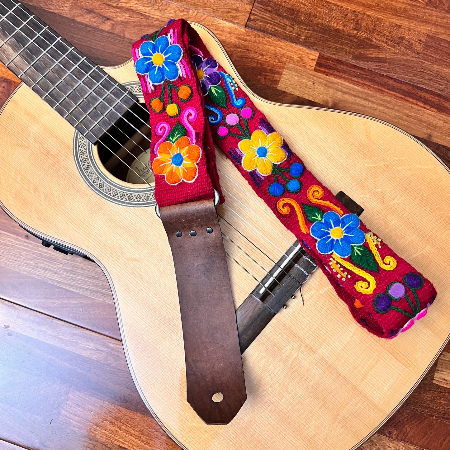 Handmade Peruvian Guitar Strap – Hand Embroidered, Adjustable, Brown Leather Ends, Unique Gift for Guitar Players