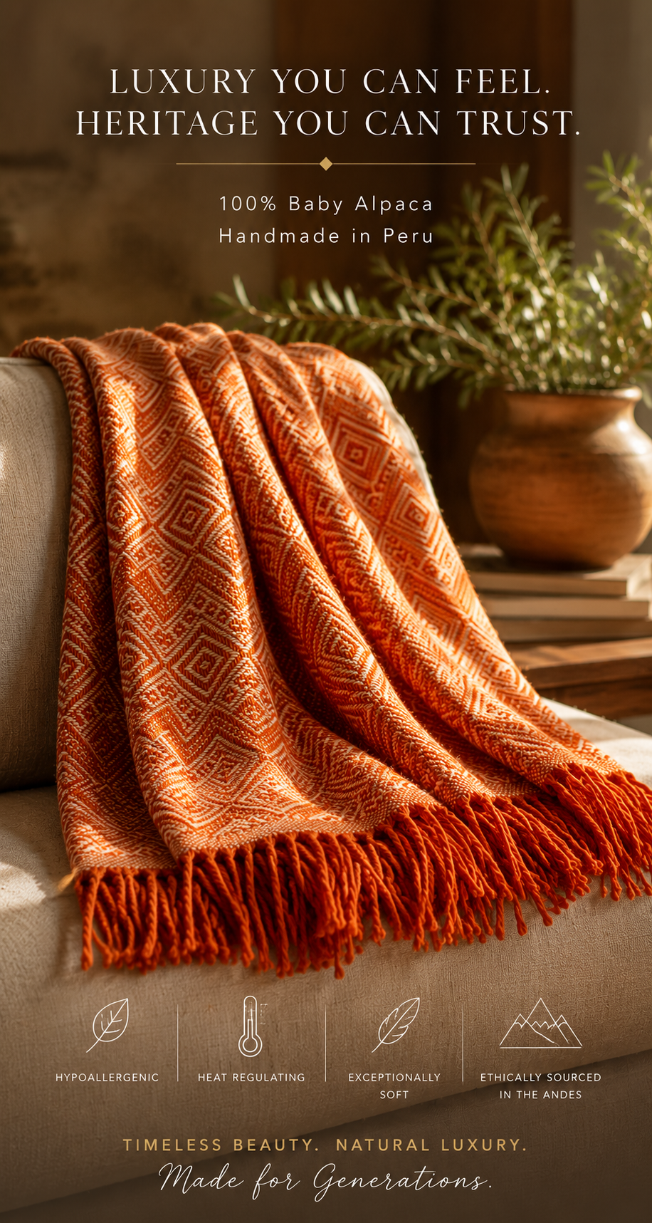 Terracotta Reserve Alpaca Throw Blanket (Beige & Orange)