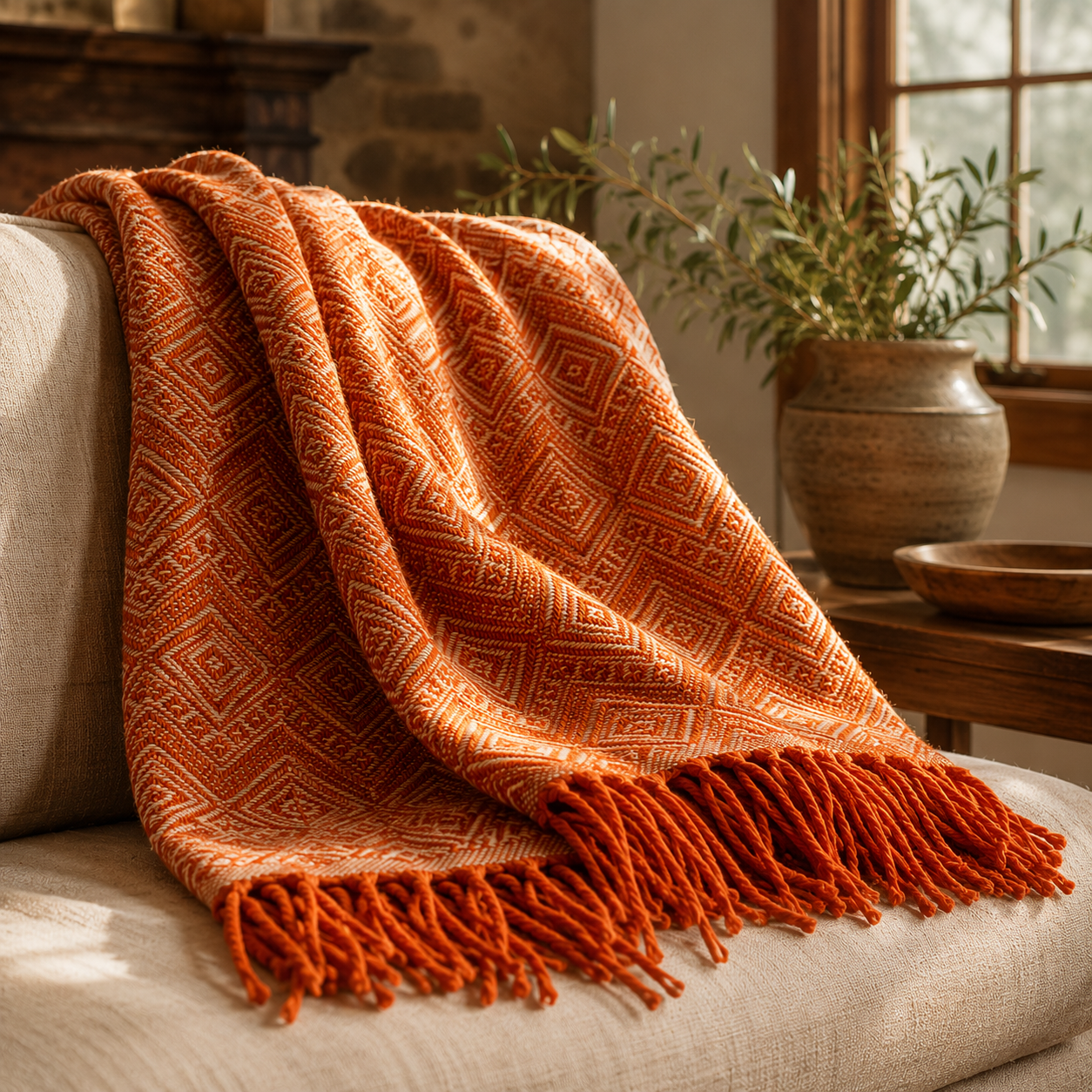 Terracotta Reserve Alpaca Throw Blanket (Beige & Orange)