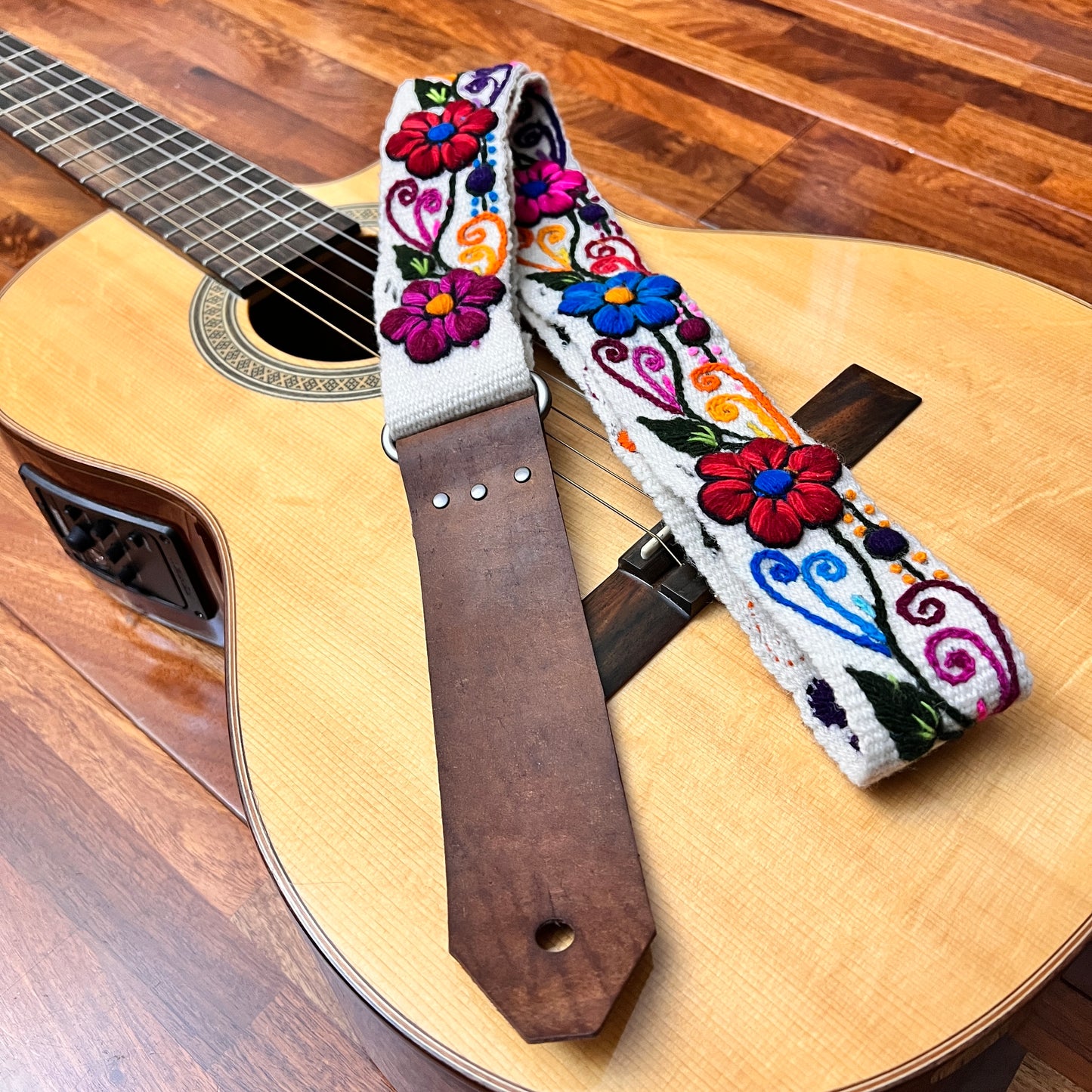 Handmade Peruvian Guitar Strap – Hand Embroidered, Adjustable, Brown Leather Ends, Unique Gift for Guitar Players
