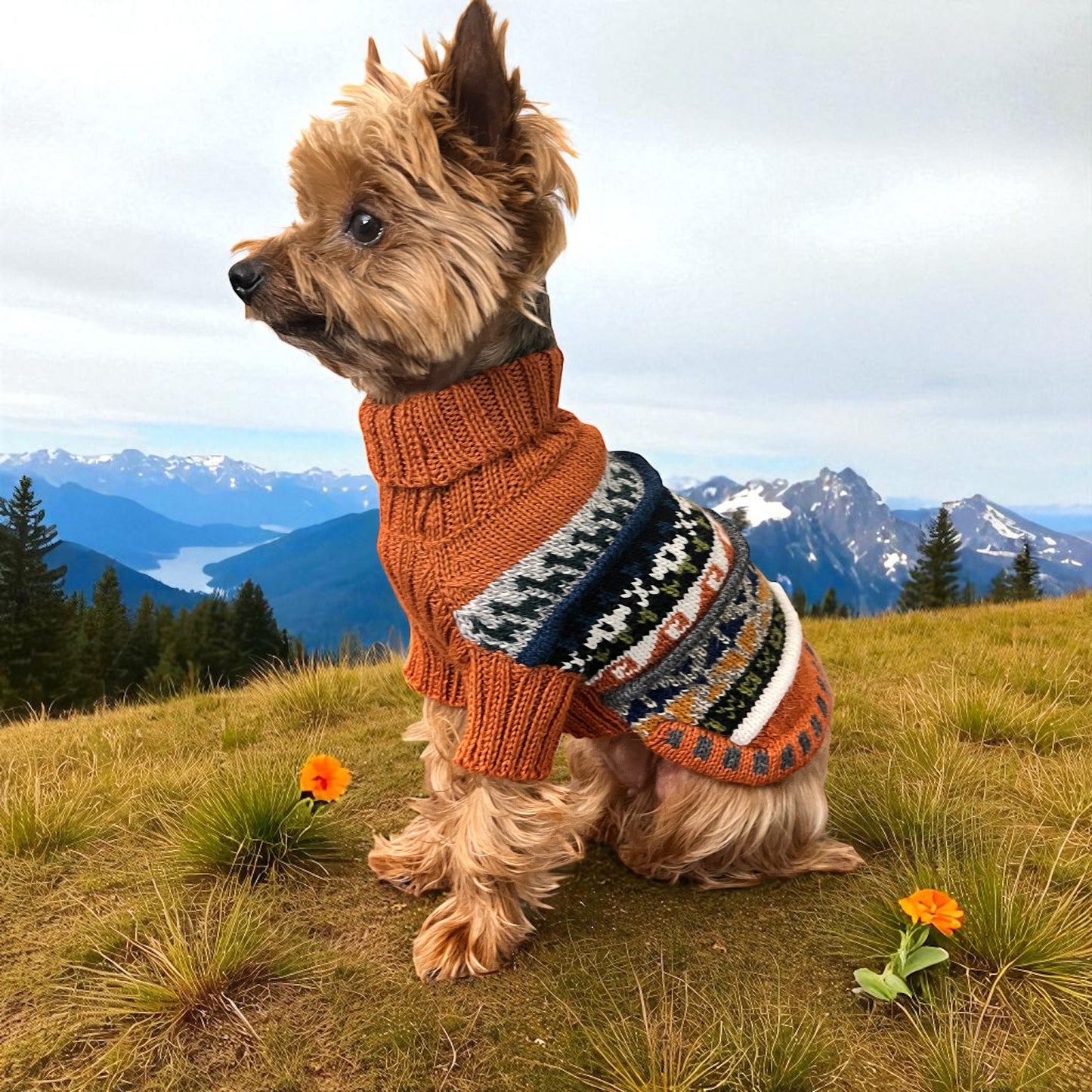 BURNT ORANGE QUARTER SLEEVE DOG SWEATER