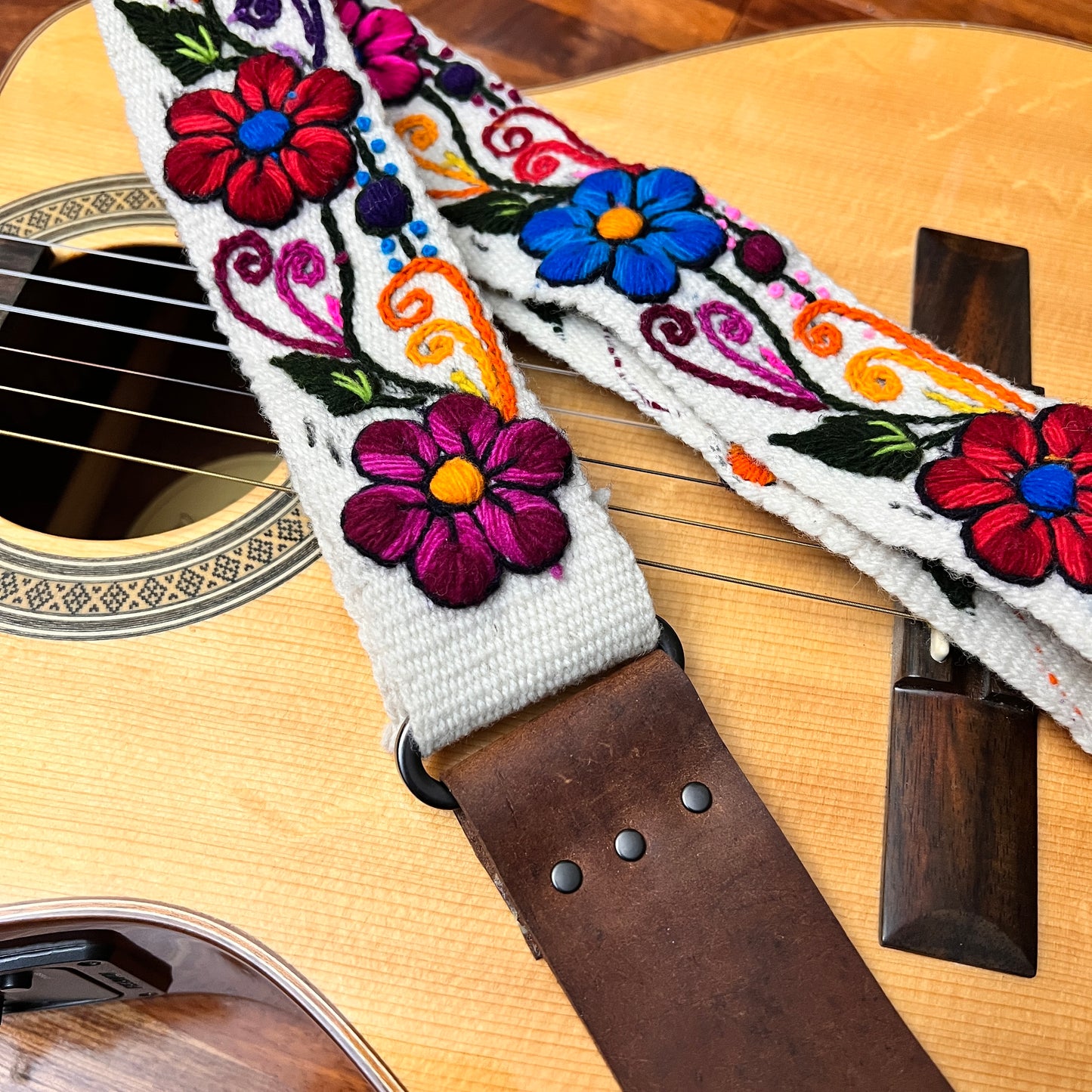Handmade Peruvian Guitar Strap – Hand Embroidered, Adjustable, Brown Leather Ends, Unique Gift for Guitar Players