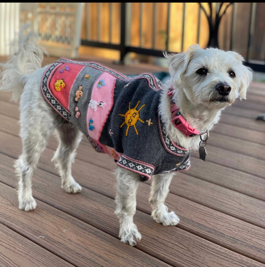 Gray and Pink Handmade Peruvian Dog Sweater (SIZES XX0-14)