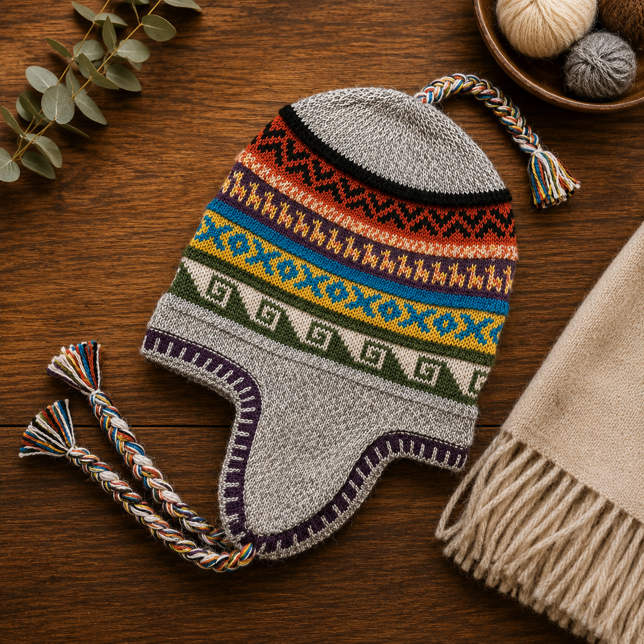 Reversible Alpaca Chullo Beanie (ROUND EAR). Size L.