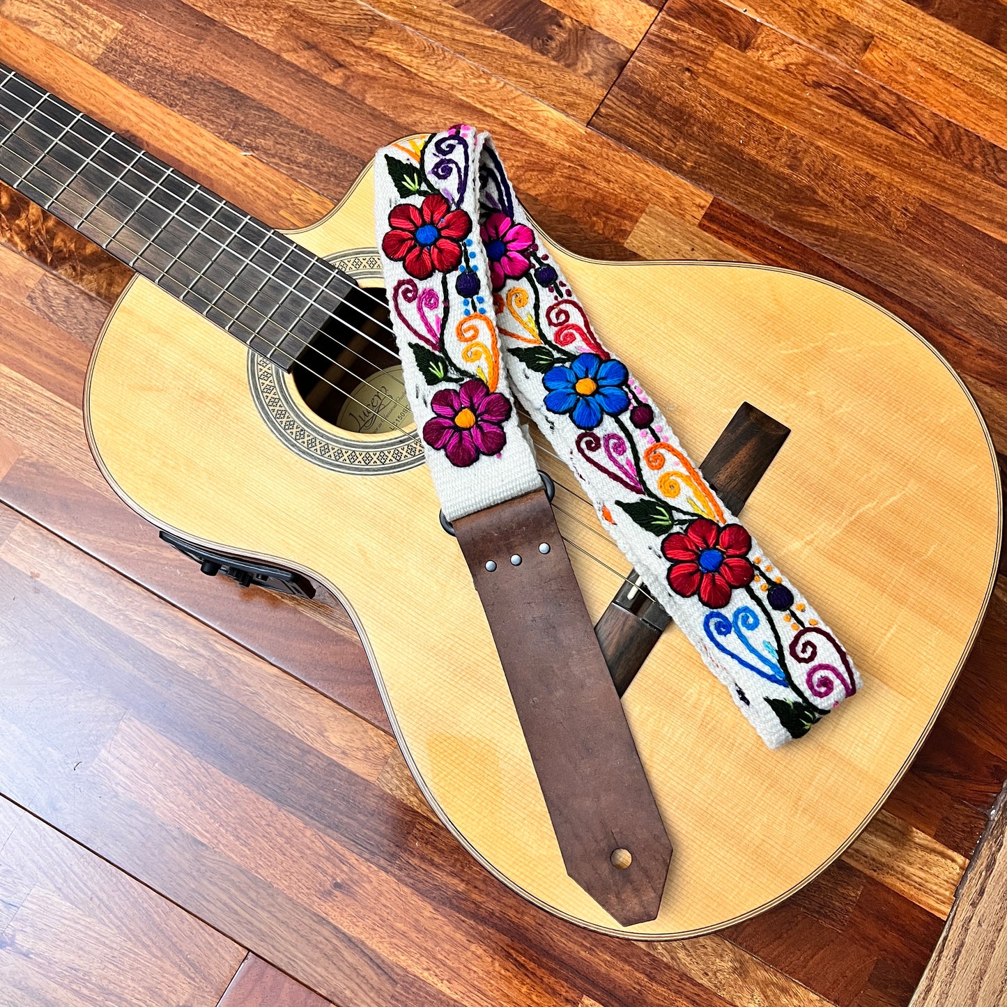 Handmade Peruvian Guitar Strap – Hand Embroidered, Adjustable, Brown Leather Ends, Unique Gift for Guitar Players