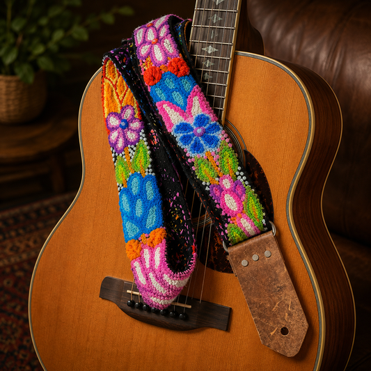 Handmade Peruvian Guitar Strap – Hand Embroidered, Adjustable, Brown Leather Ends, Unique Gift for Guitar Players