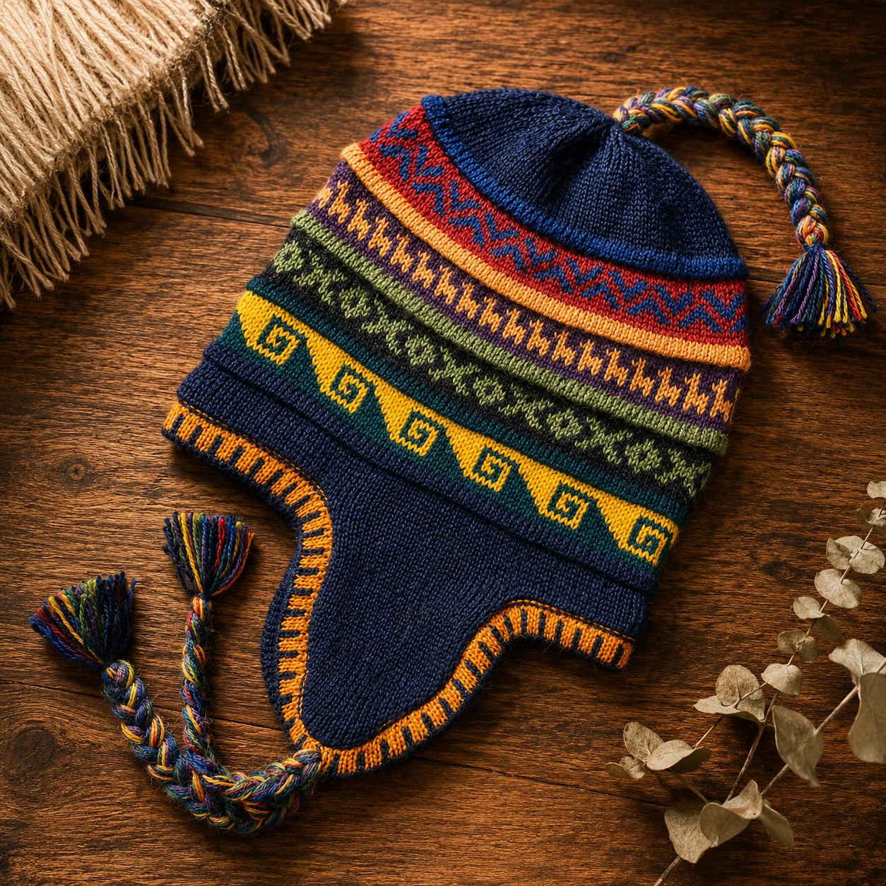 Reversible Alpaca Chullo Beanie (ROUND EAR). Size L.
