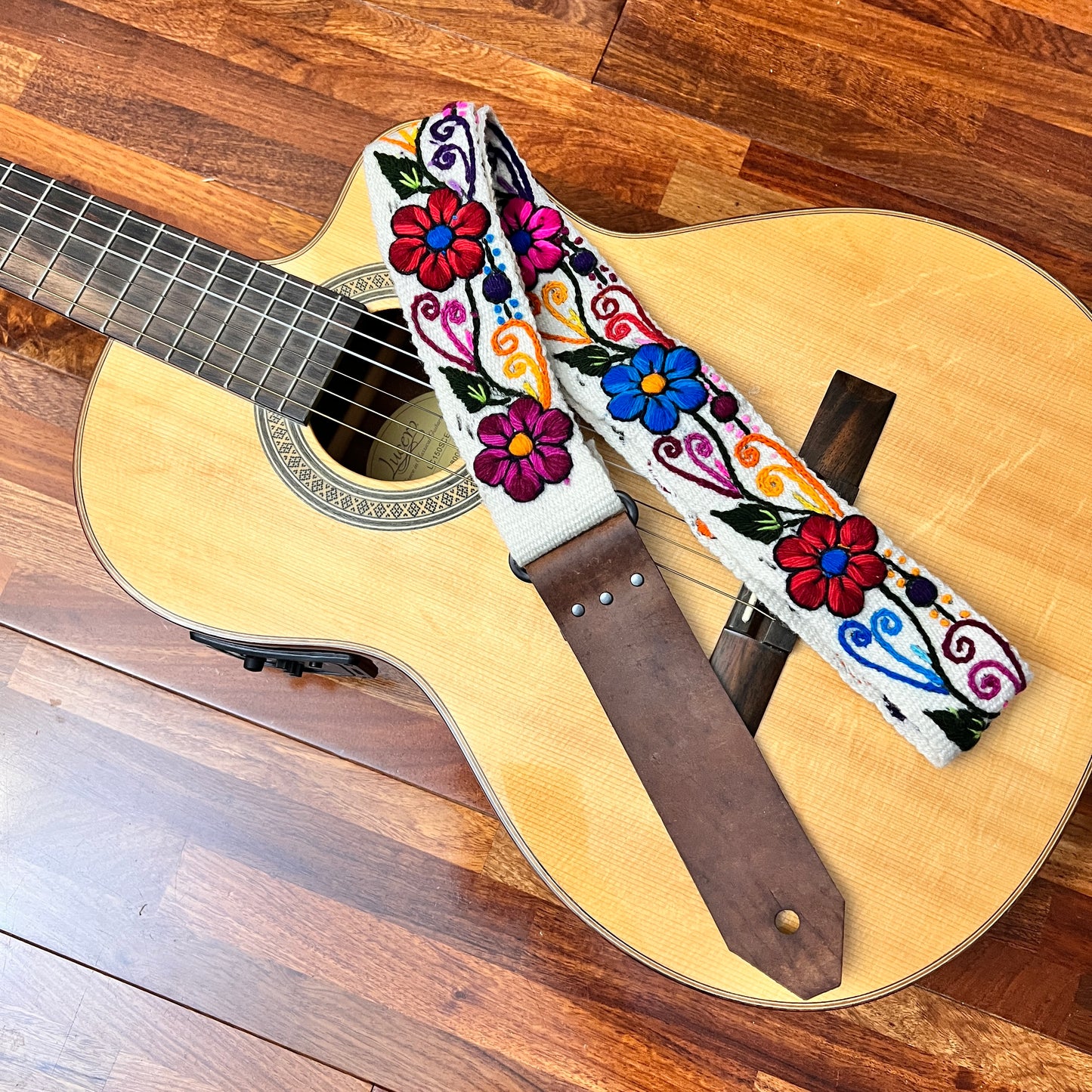 Handmade Peruvian Guitar Strap – Hand Embroidered, Adjustable, Brown Leather Ends, Unique Gift for Guitar Players