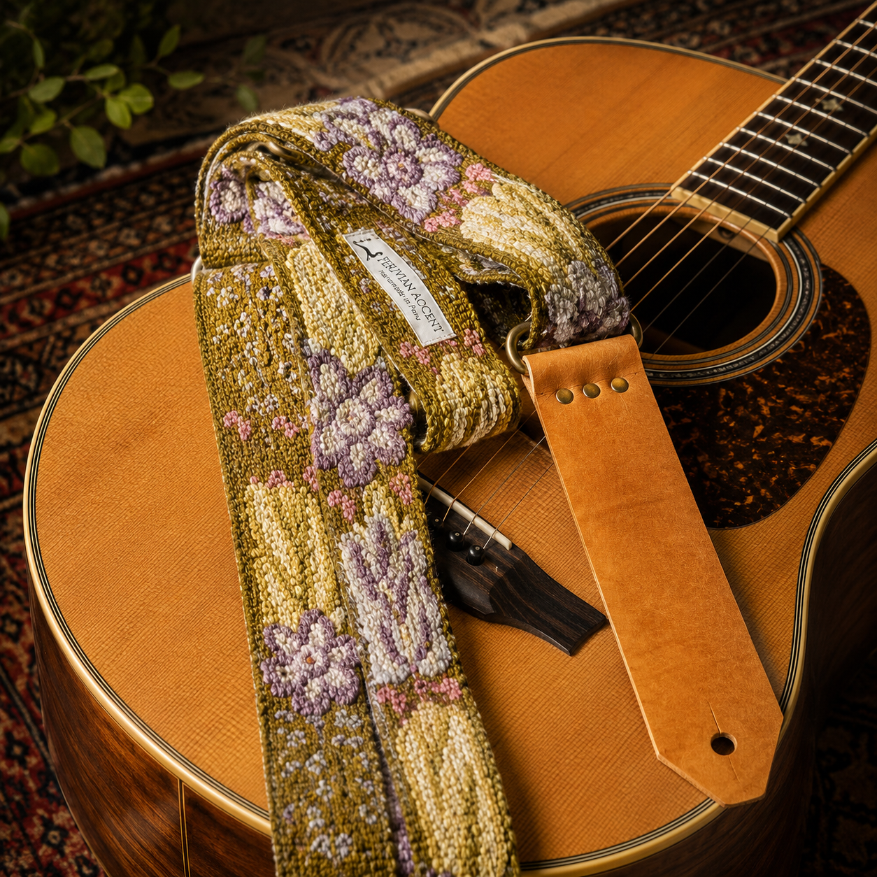 Handmade Peruvian Guitar Strap – Hand Embroidered, Adjustable, Brown Leather Ends, Unique Gift for Guitar Players