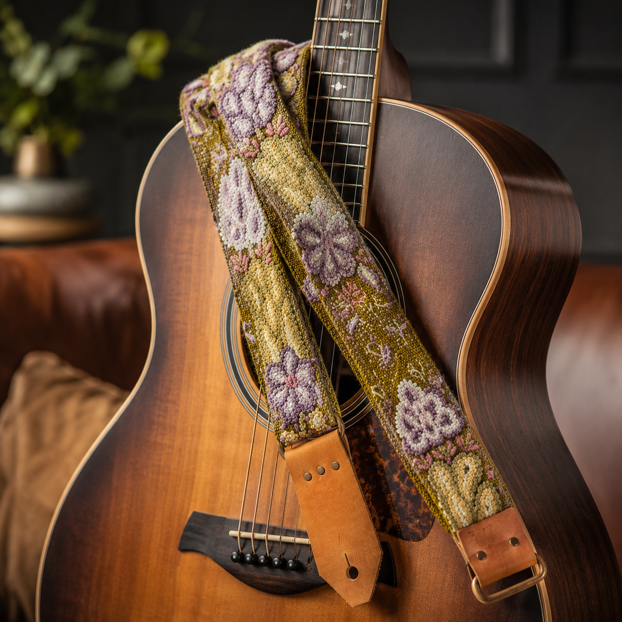 Handmade Peruvian Guitar Strap – Hand Embroidered, Adjustable, Brown Leather Ends, Unique Gift for Guitar Players