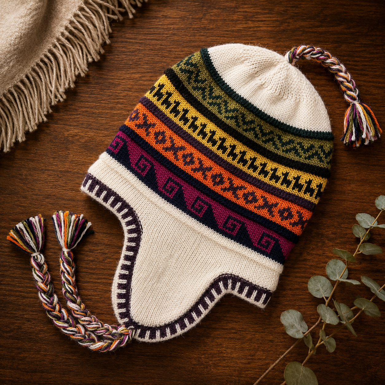Reversible Alpaca Chullo Beanie (ROUND EAR). Size L.