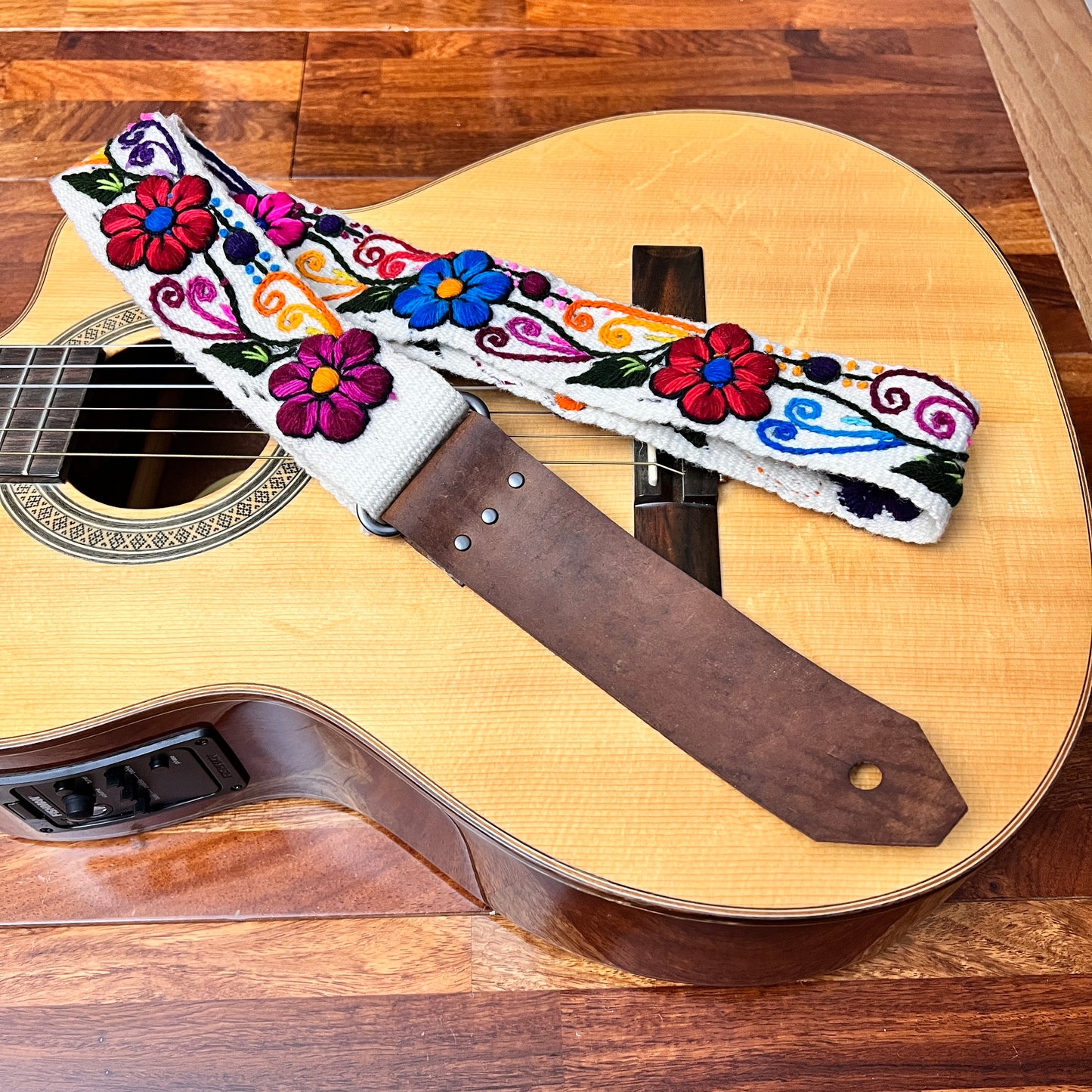 Handmade Peruvian Guitar Strap – Hand Embroidered, Adjustable, Brown Leather Ends, Unique Gift for Guitar Players