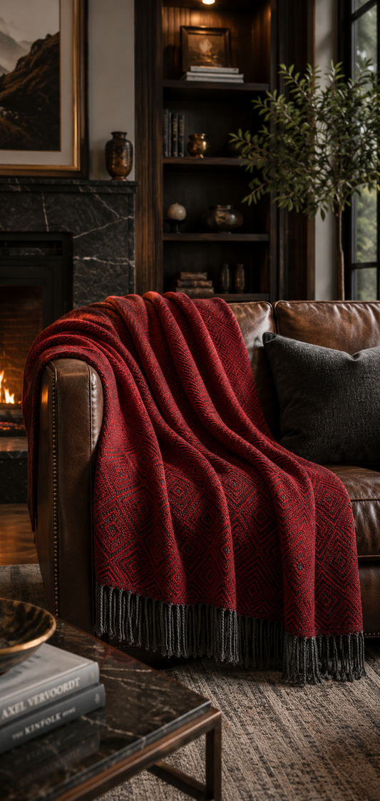 Inca red and charcoal alpaca throw draped over a leather chair by the fire