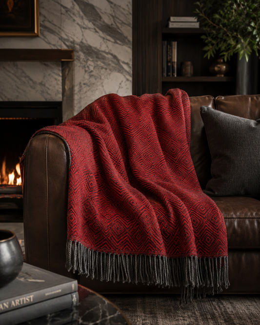 Inca red and charcoal woven throw styled in a dark luxury living room