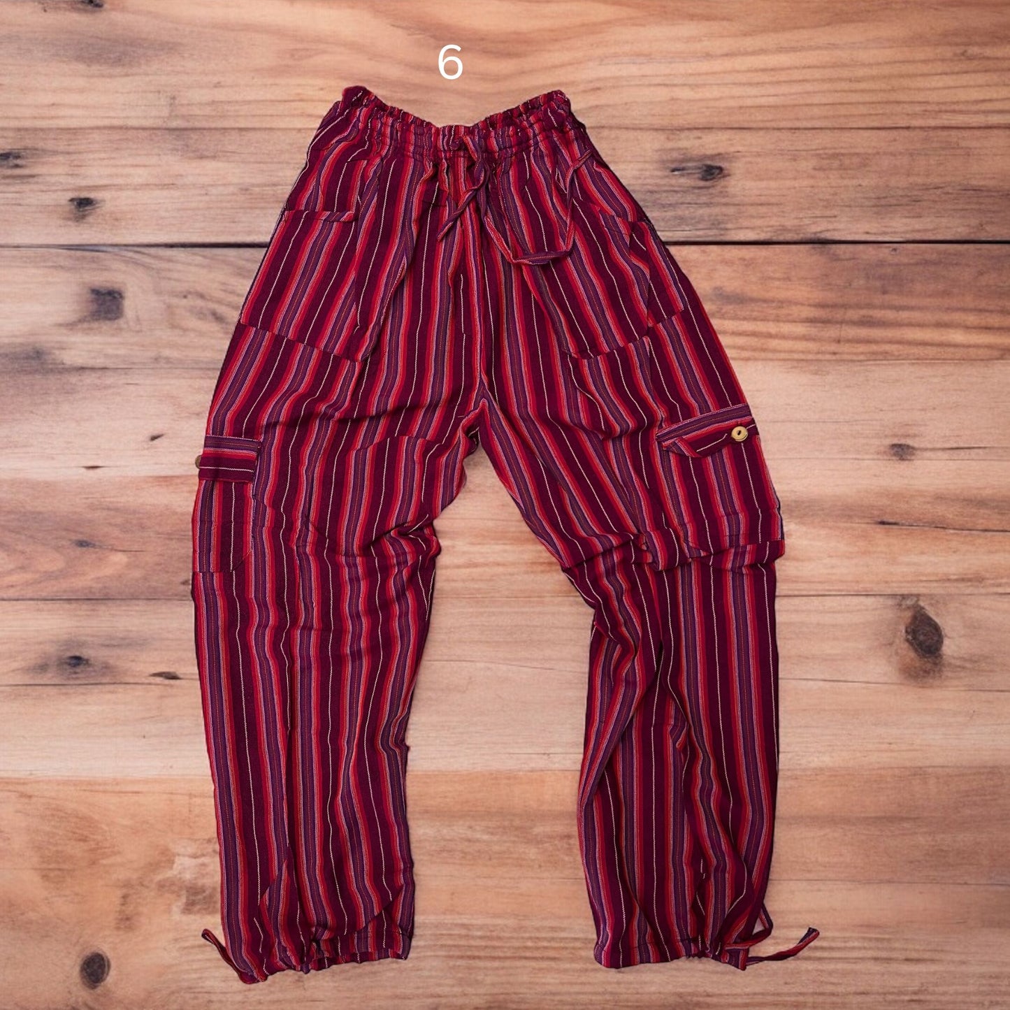 RED STRIPED BOHO HAREM BEACH PANTS BY PERUVIAN ACCENT.