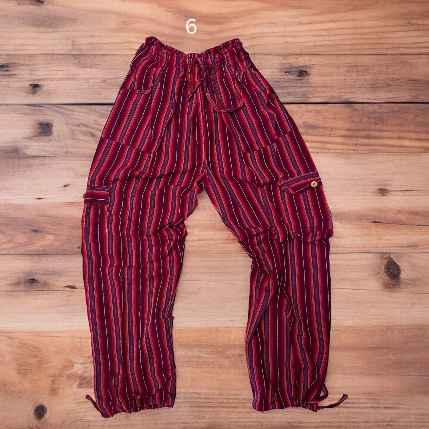 RED STRIPED BOHO HAREM BEACH PANTS BY PERUVIAN ACCENT.