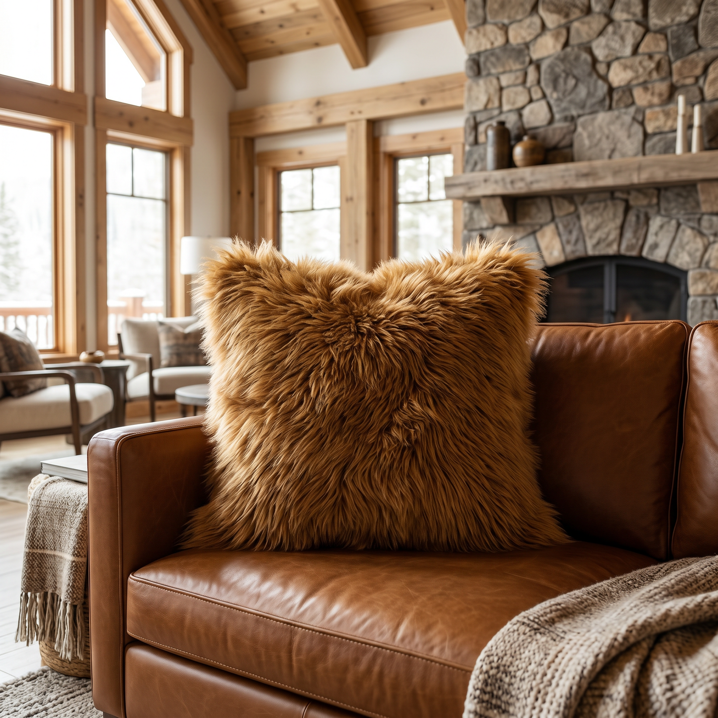 Luxury Baby Alpaca Fur Pillow – Andean Cognac | 20x20 Handmade Accent Pillow | Ultra Soft Hypoallergenic Home Décor